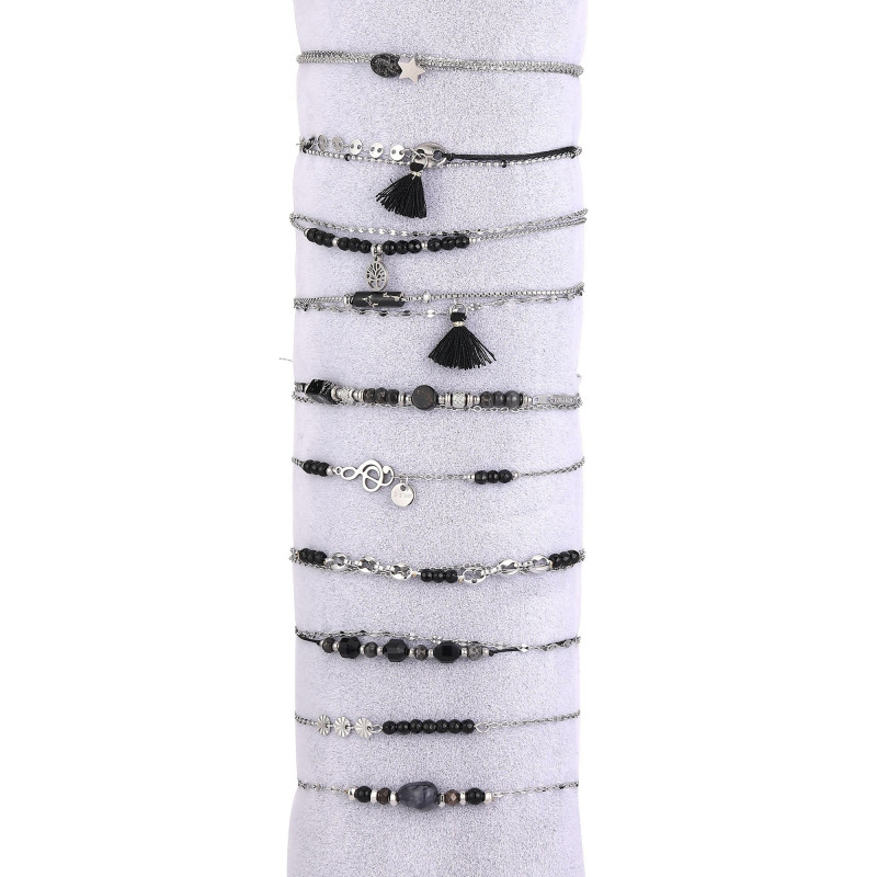 Unice - Lot de 10 bracelets Acier argenté noir