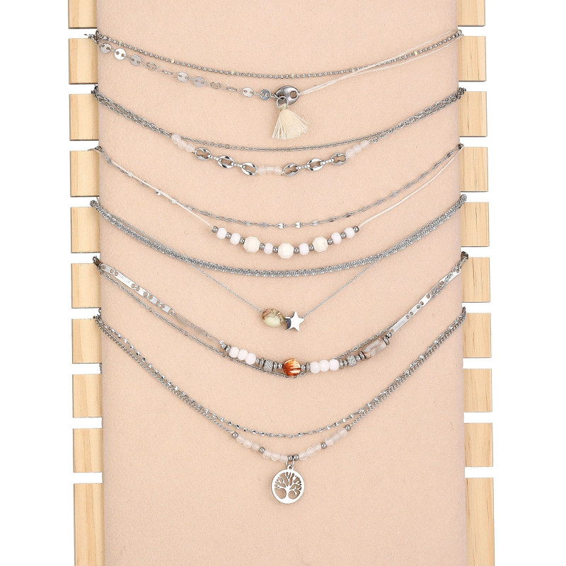 Unice - lot de 6 colliers Acier argenté blanc