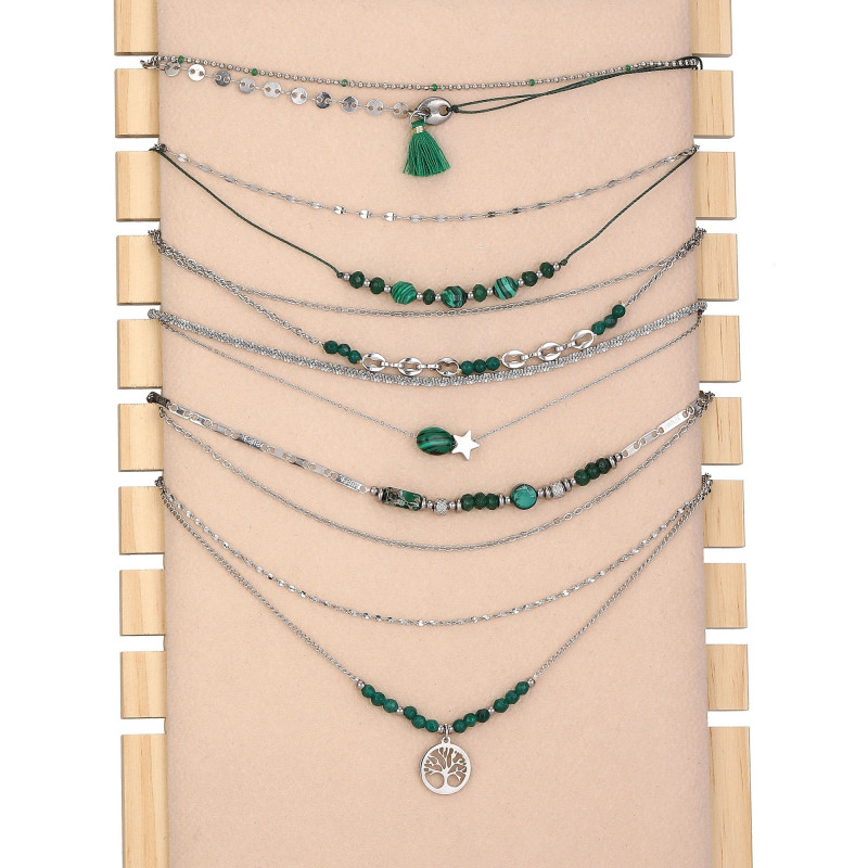 Unice - lot de 6 colliers Acier argenté vert