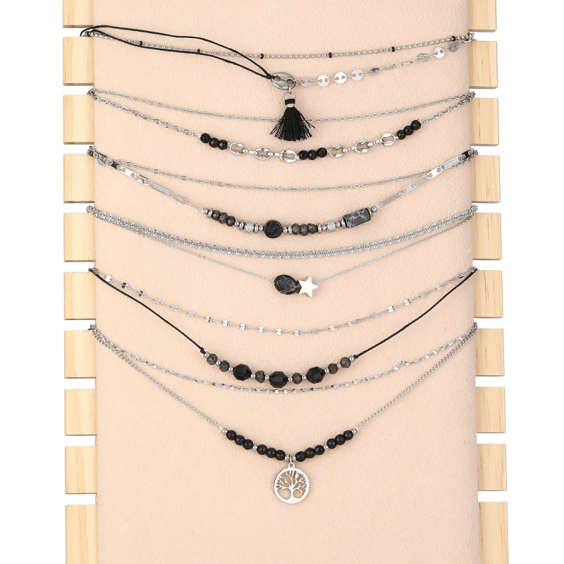 Unice - lot de 6 colliers Acier argenté noir