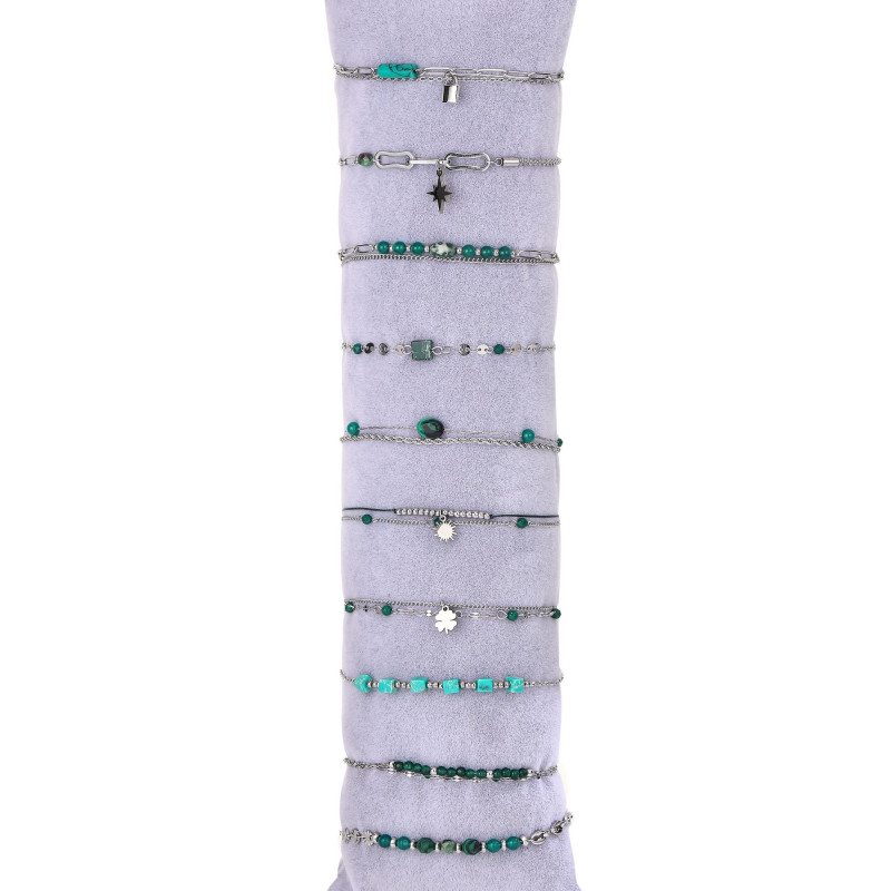 Urielle - Lot de 10 bracelets Acier argenté vert