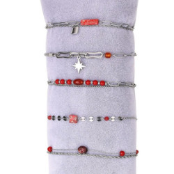 Urielle - Lot de 10 bracelets Acier argenté rouge