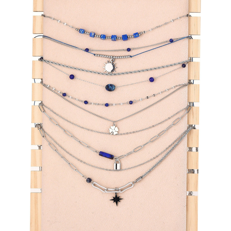 Urielle - Lot de 6 colliers Acier argenté bleu