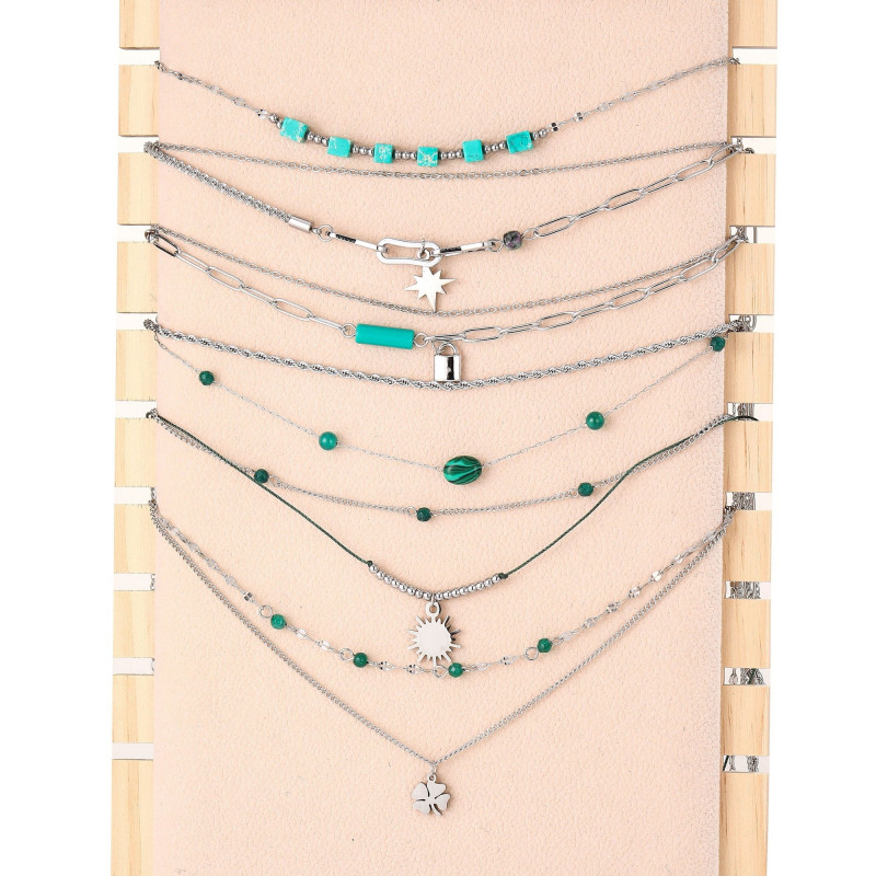 Urielle - Lot de 6 colliers Acier argenté vert