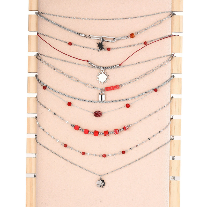 Urielle - Lot de 6 colliers Acier argenté rouge