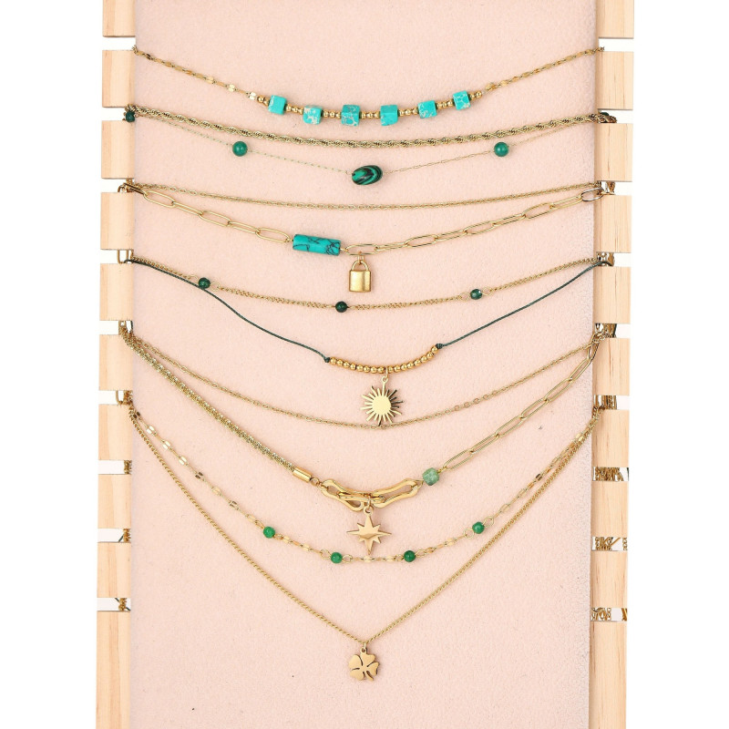 Urielle - Lot de 6 colliers Acier doré vert