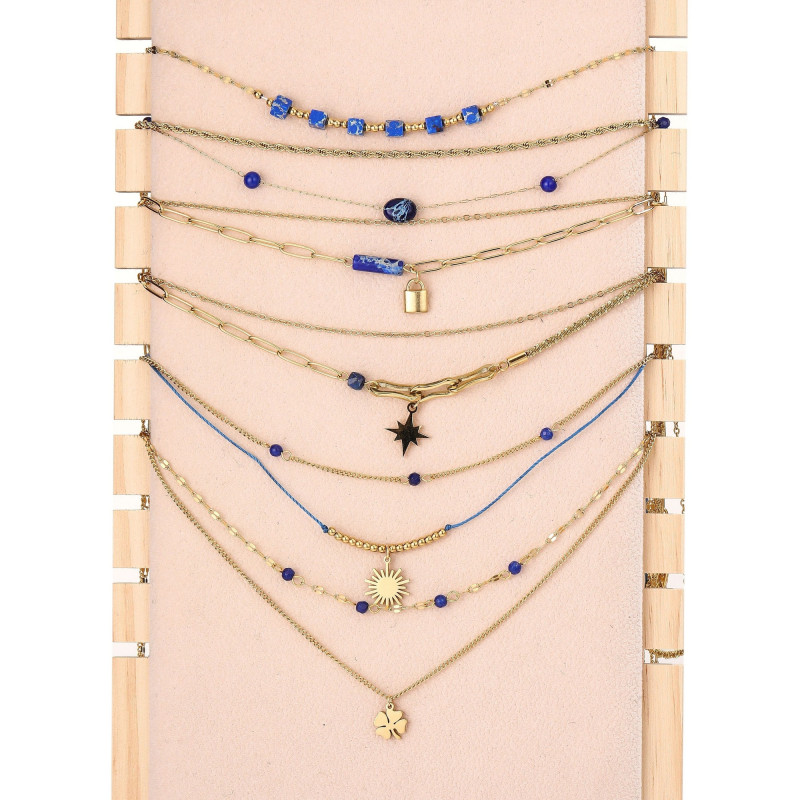 Urielle - Lot de 6 colliers Acier doré bleu